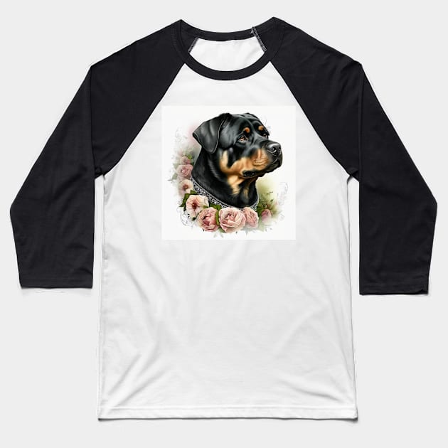 Rottweiler With Roses Baseball T-Shirt by Enchanted Reverie